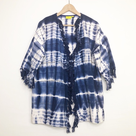 Roller Rabbit size OS blue and white Bridgette fringe kimono - Picture 1 of 12